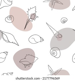 Seashells vector seamless pattern. Hand drawn marine illustrations of seashells. Summer tropical ocean beach style. Fashion underwater vintage textile fabric design. Vector illustrations.