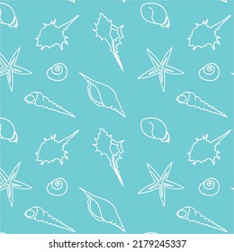 Seashells vector seamless pattern. Hand drawn marine illustrations of seashells. Summer tropical ocean beach style. Fashion underwater vintage textile fabric design. Vector illustrations.