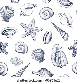 Seashells vector seamless pattern. Hand drawn marine illustrations of engraved line. Monochrome background.