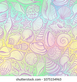 Seashells vector seamless pattern on the holograram background. Marine summer illustration with different shells.