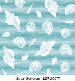 Seashells vector seamless pattern on blue background.