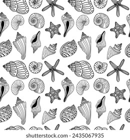 Seashells vector seamless pattern on white background