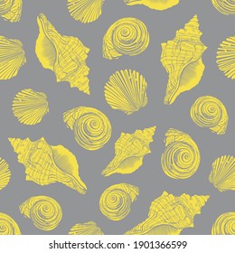 Seashells vector seamless pattern. Shells and conch illustration. Trendy color background. Ultimate Gray and Illuminating - colors of the year 2021. Pantone 17-5104 and 13-0647.