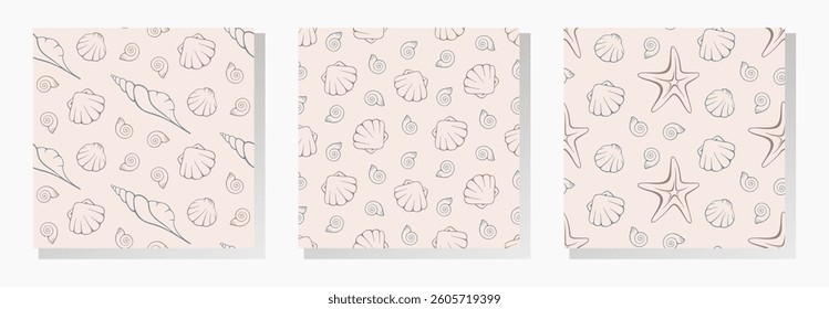 Seashells vector seamless patterns collection. Hand drawn line vector elements on pastel beige background.