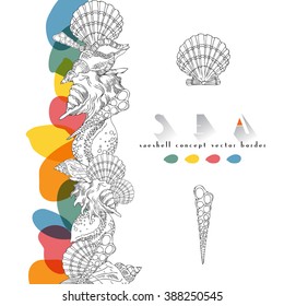 Seashells vector tropical border colorful on white background