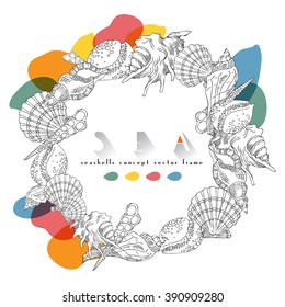 Seashells vector tropical concept frame colorful on white background