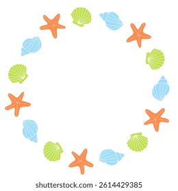 Seashells wreath vector illustration. Orange, green, blue sea shells frame perfect for invitations, greeting cards, posters, and various creative projects.