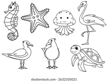 Seashore animals line art set