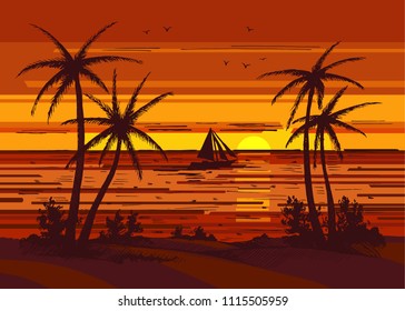 Seashore beach with palm trees, seagulls and sailing boats on the horizon vector colored sketch. Hand drawn.