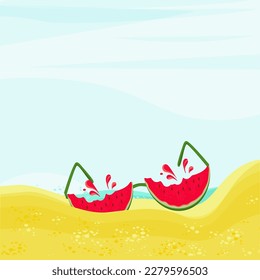 Seashore, beach. Watermelon glasses are lying on the sand. Vector background, template for design