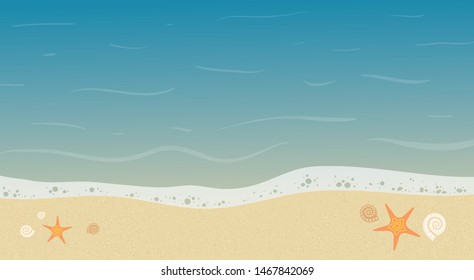 Seashore with beautiful seashells and starfishes. Top view ocean beach background. - Vector illustration