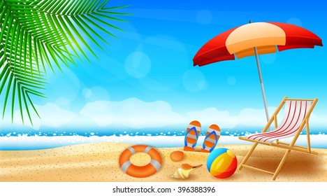 Seashore with a bench and an umbrella