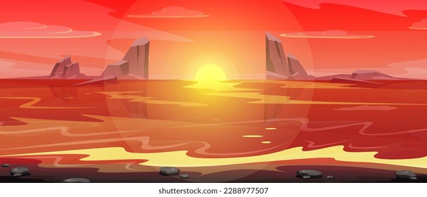 seashore, a bright sunset in red tones, the sun is half hidden behind the horizon casts bright red reflections on the sea, evening, in the distance on the horizon line sharp rocks are seen