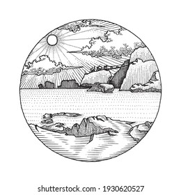 Seashore Cliff View, Hand Drawn Illustration, Isolated Vector
