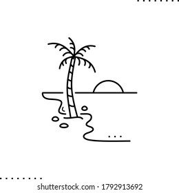 seashore, coast, palm tree and sunset vector icon in outlines