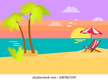 Seashore coastal view tropical beach, sea sand and palm trees, sunset or sunrise, umbrella and sunbed tropics island vector coast summer background