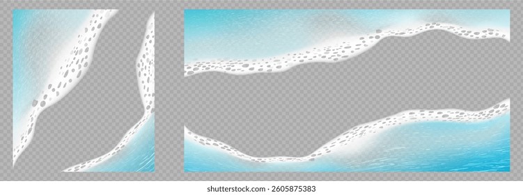 Seashore or coastline with sea or ocean wave and foam. Vector in realistic style, set of flowing water, isolated on transparent background. Texture of aqua, seawater decor for marine landscape