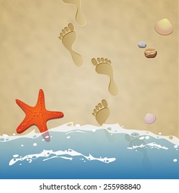 Seashore With Footprints In The Sand, Water, Stones, Starfish And Seashells - Vector Illustration