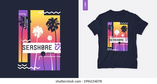 Seashore graphic t-shirt design with palm trees, vector illustration.