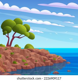 Antecedentes del paisaje de la costa en caricatura plana. Playa vectorial con árboles exóticos, acantilados rocosos, pájaros en nubes en el horizonte. Las vacaciones en la isla del paraíso en el océano. Paisaje natural, costa y rocas