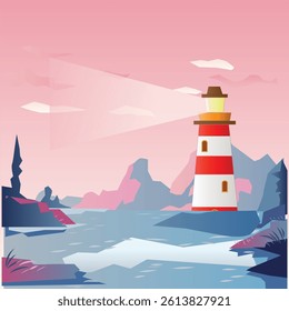 Seashore landscape with lighthouse vector illustration
