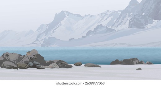 Seashore landscape in winter season have mountain ranges and dusk sky background graphic illustration.