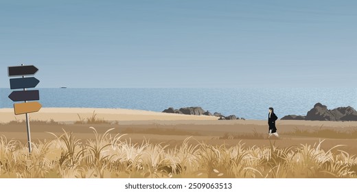 Paisaje de la orilla del mar con una mujer que camina en el campo de hierba en la temporada de otoño tienen el poste de la señal de dirección en la ilustración gráfica en primer plano. La costa tiene fondo azul del cielo.