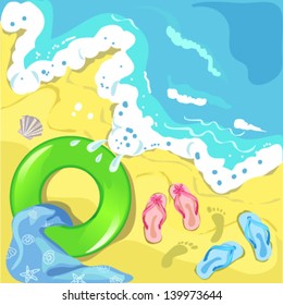 seashore, lifebuoy and flip flops. Vector illustration