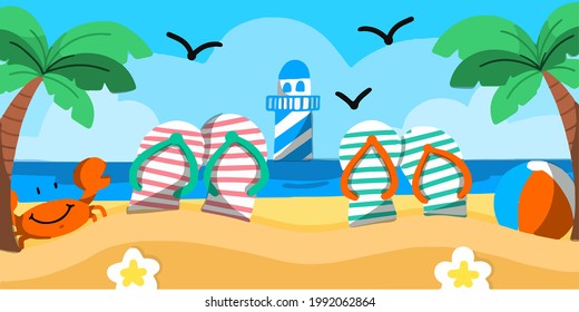 Seashore And Lighthouse Scenery Banner Premium Vector Doodle Illustration