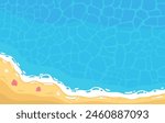 Seashore, ocean, beach, relaxation on the beach. Marine, cartoon sea background. Template for banner, poster, invitation, flyer, card. Horizontal background. Waves, seashells.