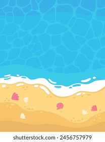 Seashore, ocean, beach, relaxation on the beach. Marine, cartoon sea background. Template for banner, poster, invitation, flyer, card. Vertical background. Waves, seashells.