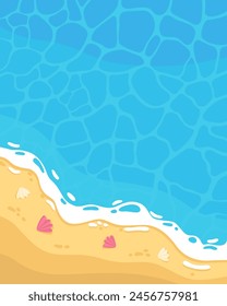 Seashore, ocean, beach, relaxation on the beach. Marine, cartoon sea background. Template for banner, poster, invitation, flyer, card. Vertical background. Waves, seashells.