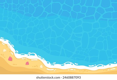 Seashore, ocean, beach, relaxation on the beach. Marine, cartoon sea background. Template for banner, poster, invitation, flyer, card. Horizontal background. Waves, seashells.