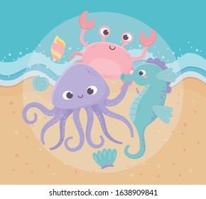 seashore octopus seahorse crab algae sand life cartoon under the sea vector illustration