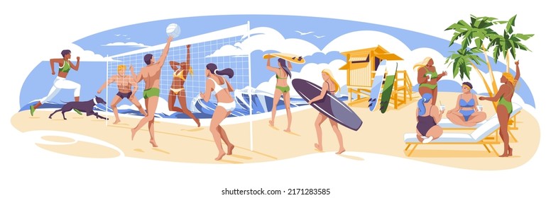 Seashore resting people: play volleyball, sunbathe, surfing and swimming, friendly conversation, running with a dog. Flat vector illustration