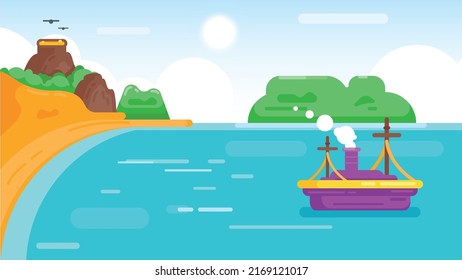 Seashore Scene With Steam Ship And Volcano Mountain. Flat Style Island Coast With Sunny Sky Vector Illustration.