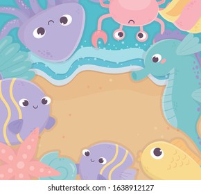 seashore seahorse octopus starfish fishes shell sand life cartoon under the sea vector illustration