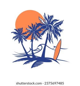 Seashore, sun, palm trees and surfboard .  Hand drawn vector illustration.