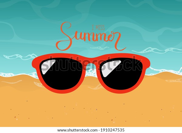 Seashore top view, summer with sand,\
sea water and sunglasses background. Vector\
illustration