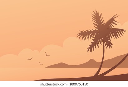 Seashore with tropical palm silhouette. Beautiful evening landscape on the beach. Banner with place for text. Vector illustration.