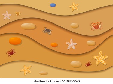 Seashore, warm sunny day. On the sand, starfish and crabs. Sun and sand. Vector illustration seamless.