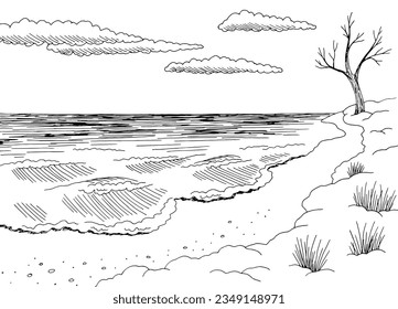 Seashore in winter graphic beach black white landscape sketch illustration vector