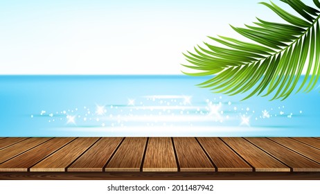 Seashore Wooden Pier, Sea And Tree Branch Vector. Seaside Wood Pier And Beach, Ocean And Plant Green Leaves, Good Weather. Summer Vacation Landscape For Rest Realistic 3d Illustration