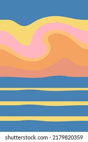 Seaside abstract backdrop with sunset sky. Groovy waves texture for poster, flyer, banner. Vertical background marine illustration for decor and design.



