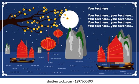 Seaside in Asia postcard vector illustration