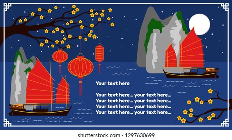Seaside in Asia postcard vector illustration