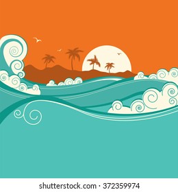 Fondo costero con olas azules y horizonte de islas tropicales.Ilustración vectorial