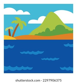 Seaside background. Cartoon beach with mountain and palm trees. Coast landscape. Tropical island life. Square flat vector illustration.