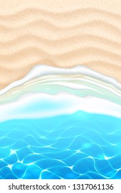 Seaside beach with azure waves on sand coast. Seashore summer holiday background for travelling and vacation design. Coastal landscape for resort tourism, sea party backdrop. Realistic vector seascape