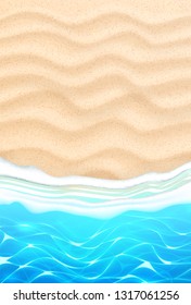 Seaside beach with azure waves on sand coast. Seashore summer holiday background for travelling and vacation design. Coastal landscape for resort tourism, sea party backdrop. Realistic vector seascape